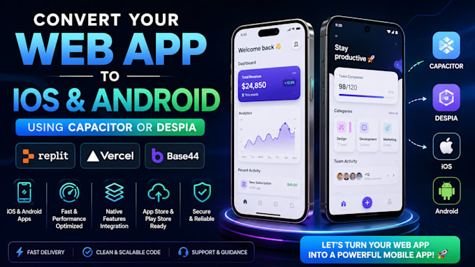 convert lovable base44 replit vercel app to ios, android using capacitor, despia