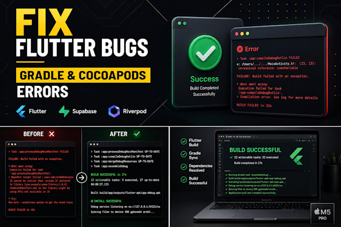fix flutter bugs, gradle errors, and supabase issues