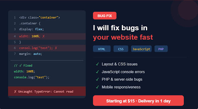 fix bugs in your HTML, CSS, javascript or PHP website fast