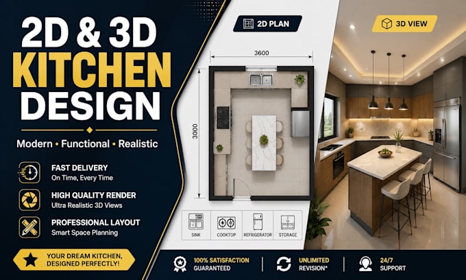create modern 2d floor plan and 3d kitchen design
