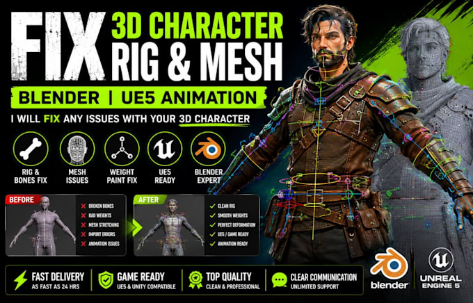 fix 3d character modelling rig bones mesh ue5 animation blender