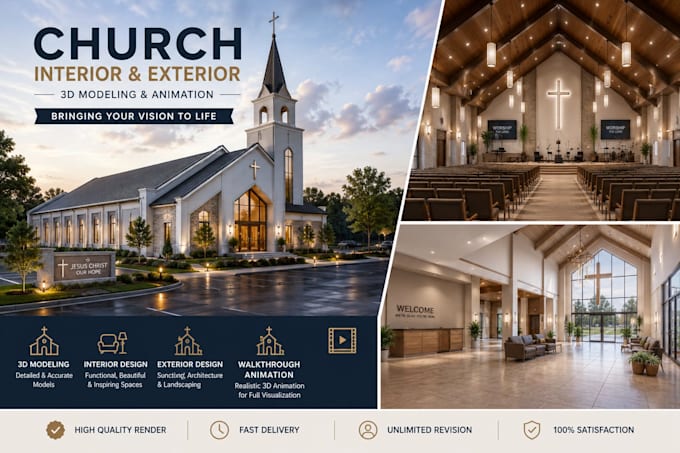 design church interior exterior with 3d modeling animation