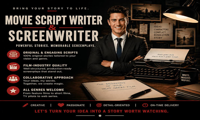 be your scriptwriter, screenwriter, screenplay writer movie script scriptwriting