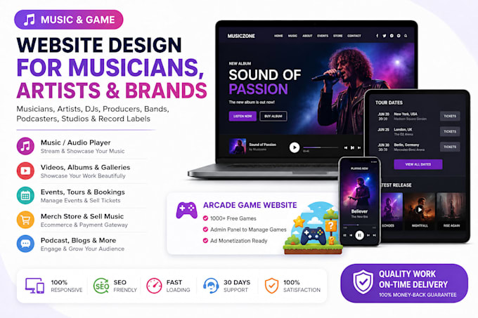 create a music website for artists djs bands studios and games
