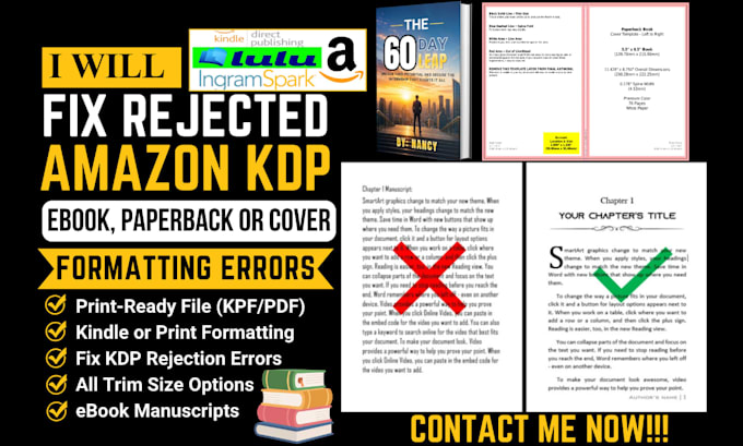 fix rejected amazon KDP kindle, paperback and ebook formatting errors