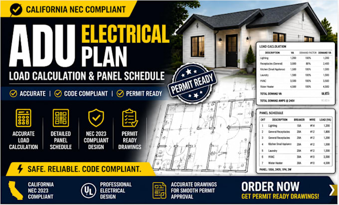 design adu electrical plan load calculation panel schedule california nec comp