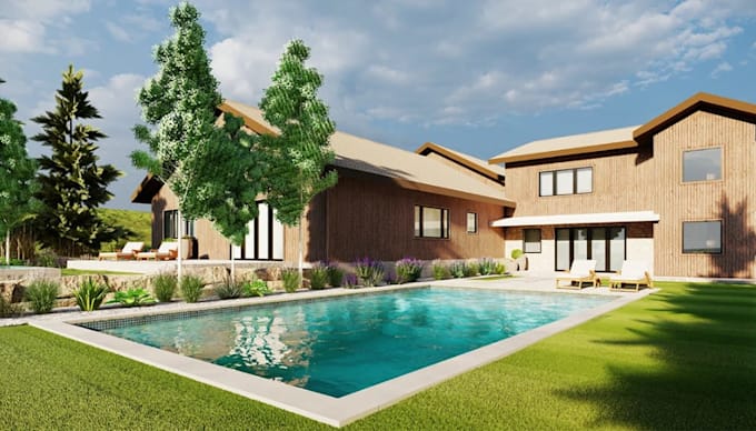 3d modern villa design,exterior visualize,backyard landscape,pool area, driveway