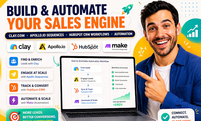 setup clay com, apollo io sequences, hubspot crm workflows, and automation