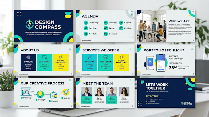design company presentation, business powerpoint canva presentation ppt template