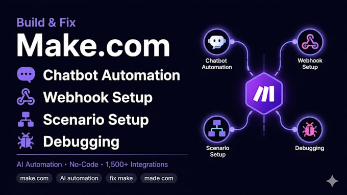 build make com chatbot automation, webhook setup, scenario setup and debugging