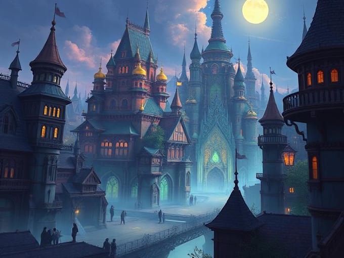 illustrate detailed fantasy cityscapes