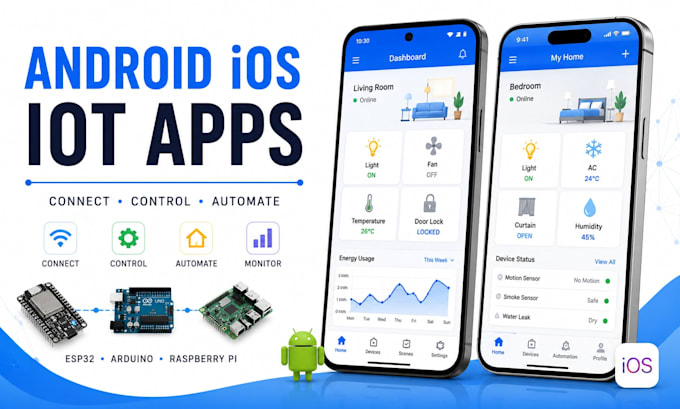develop iot app esp 32 mqtt arduino android ios mobile automation smart home
