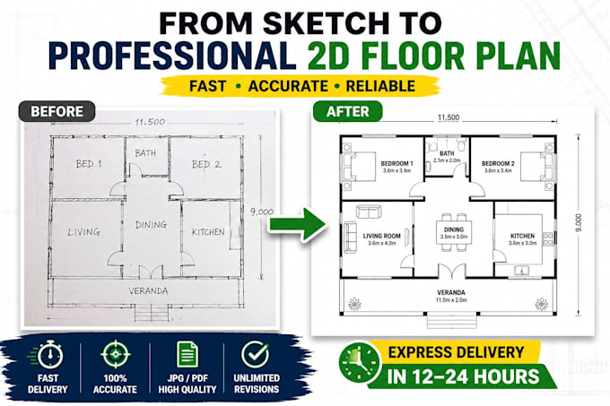redraw floor plan from sketch, PDF or image into clean 2d plan fast