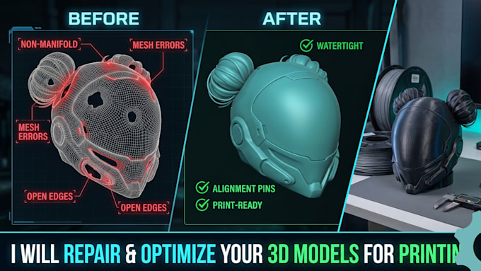 provide functional 3d modeling, stl repair, and slicing for 3d printing