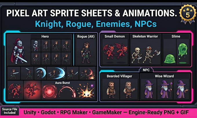 create pixel art sprite sheet character animation for indie game unity godot rpg
