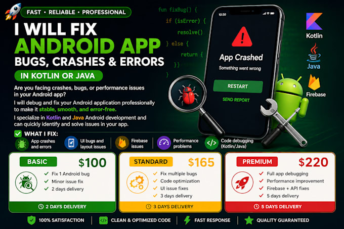 fix android app bugs, crashes and errors in kotlin or java