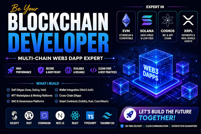 be your blockchain developer for multi chain web3 dapp evm solana cosmos xrpl