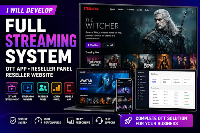 develop full ott streaming website app reseller panel system