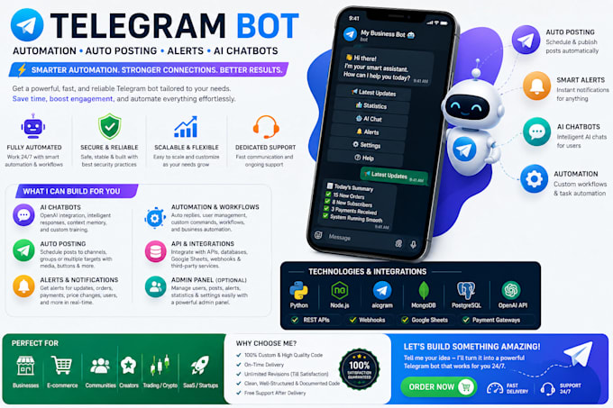 create telegram bot for automation, auto posting, alerts, ai chatbots