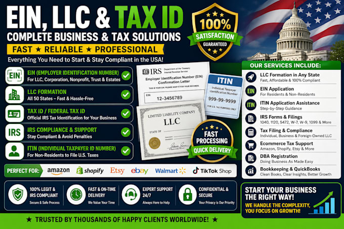 get ein, llc formation, tax id and itin for US