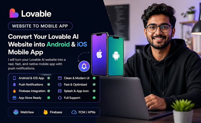 convert lovable ai web site to ios android app with push notification