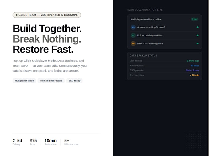 create a glide team setup with multiplayer, backups sso