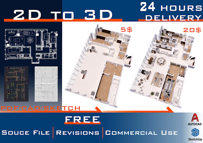 convert floor plan to 3d model from cad PDF sketch fast