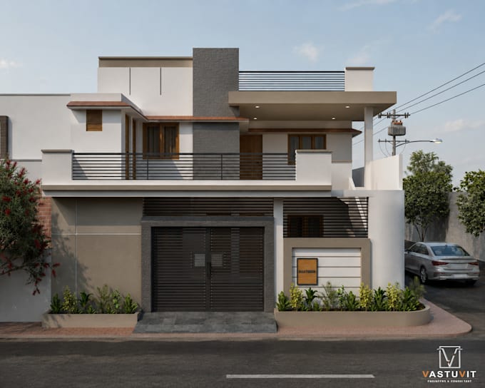 design realistic modern 3d elevation with exterior details