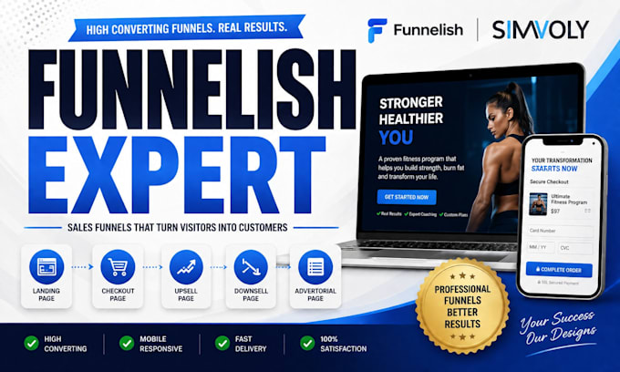 build a funnelish landing page, checkout page, advertorial, and simvoly funnel