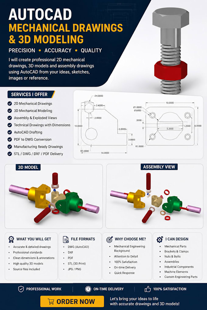 create professional autocad 2d drawings 3d models