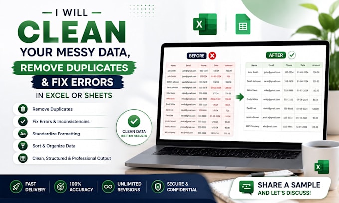 clean messy data, remove duplicates and fix errors in excel or sheets