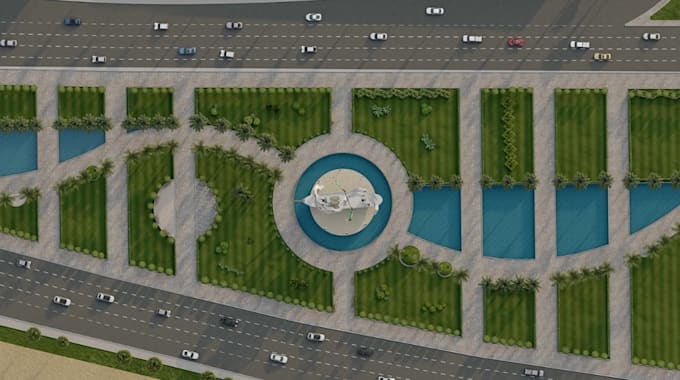 develop urban park masterplan,community recreational, aerial landscape rendering
