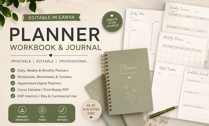 design printable canva planner, weekly or monthly planner, workbook, journal