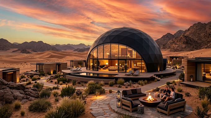design luxury geodesic dome glamping resort with realistic 3d rendering