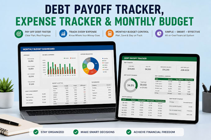 create debt payoff tracker, expense tracker and monthly budget spreadsheet
