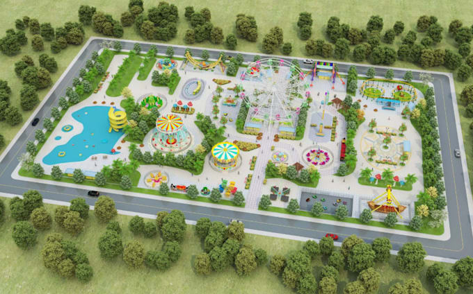 create 3d amusement park masterplan,theme park design,children playground render