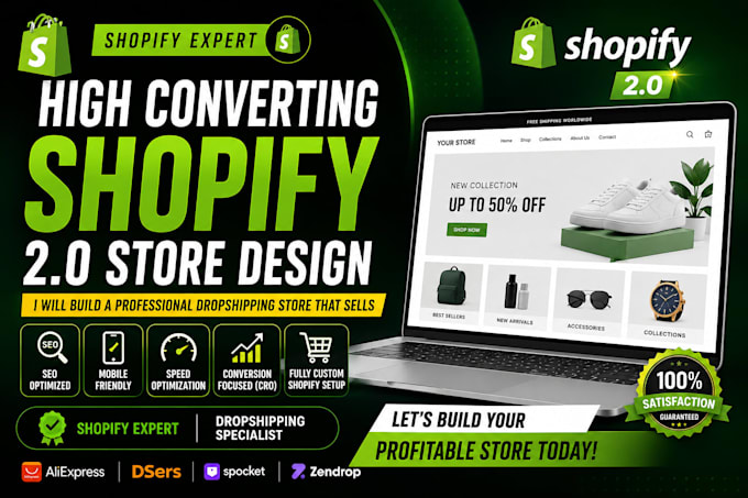 setup shopify 2 0 store design with SEO mobile friendly, speed optimization, cro