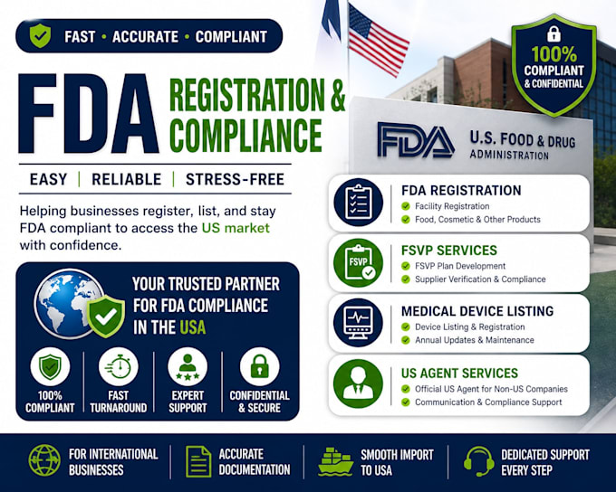 handle fda registration, fsvp, device listing, and US agent services