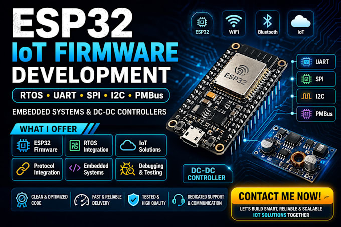 develop esp32 iot firmware with rtos, pmbus, uart, spi and i2c integration