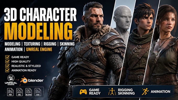 do 3d modelling, texturing, material, rigging, skinning, animation unreal engine