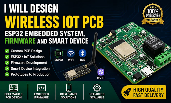 design wireless iot pcb, esp32 embedded system, firmware and smart device