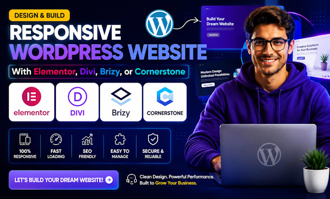 build a responsive wordpress website with elementor, divi, brizy, or cornerstone