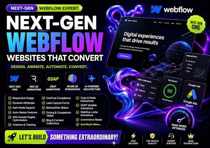 Build a webflow website with next gen cms, rive 3d animations using ...