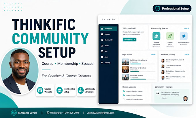 setup thinkific community, thinkific course website and membership