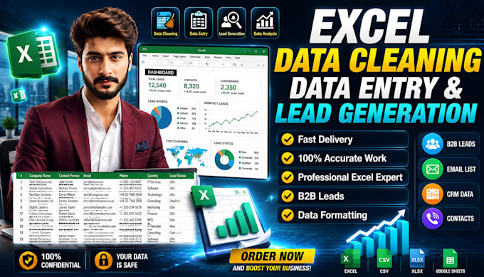 do excel data cleaning, formatting, data entry and lead generation