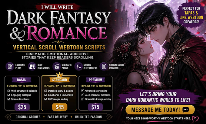 write dark fantasy and romance vertical scroll webtoon scripts