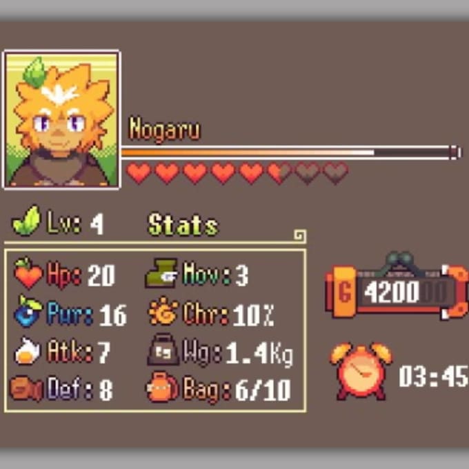 do pixel art game UI, tileset, hud gui elements, frames, mana health bar screen