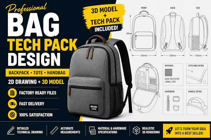 design custom bag tech pack, backpack, tote bag, 3d model and technical drawing