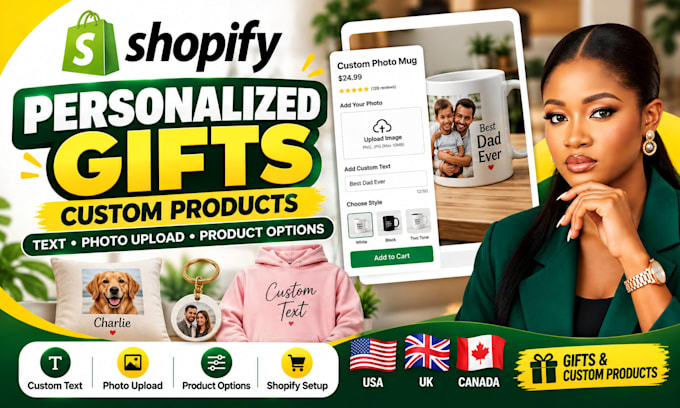 setup shopify website personalized gift custom text photo upload product options