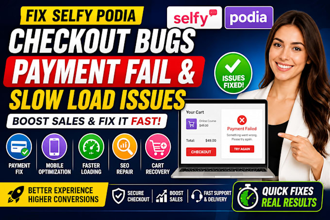 fix selfy podia checkout bug payment fail slow load mobile SEO issues